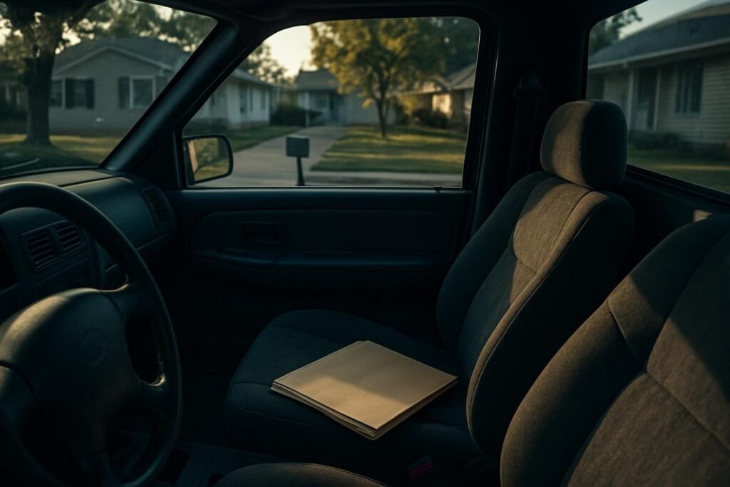 El asiento del copiloto de una camioneta con una carpeta de trabajo encima
