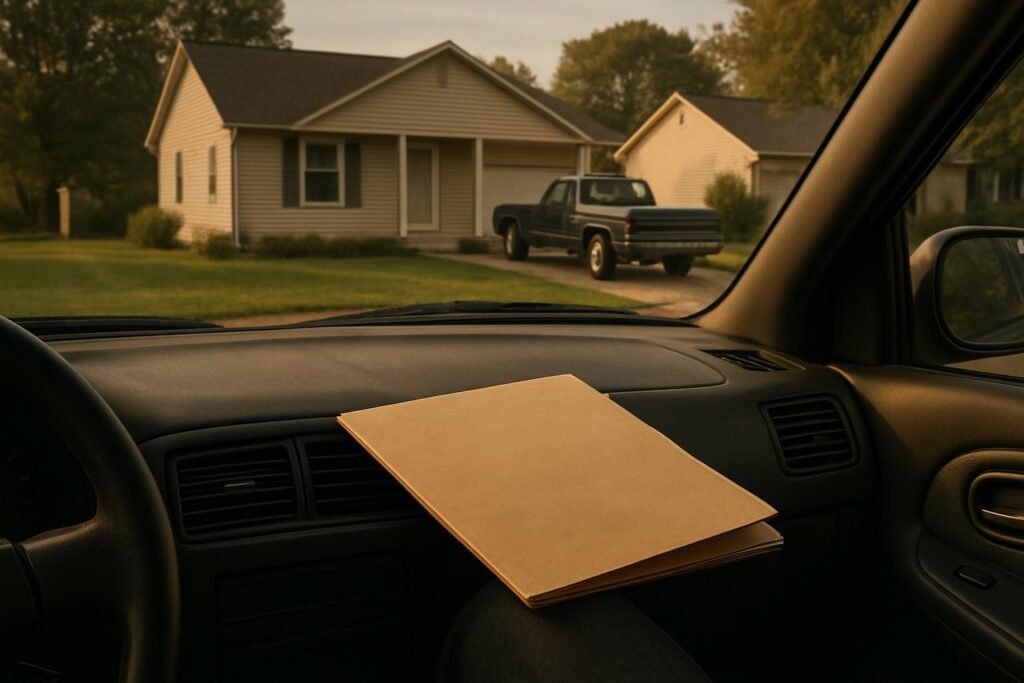 El asiento del copiloto de una camioneta con una carpeta. Verificar licencia de contratista rápido
