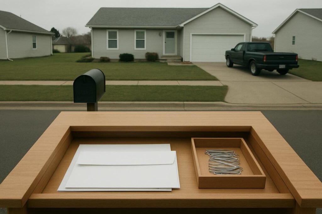 Un cajon de escritorio abierto con sobres y clips ordenados por tamano